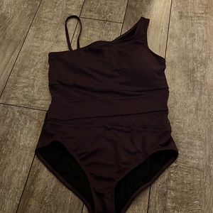 Plum Carmen Marc Valvo one shoulder one piece